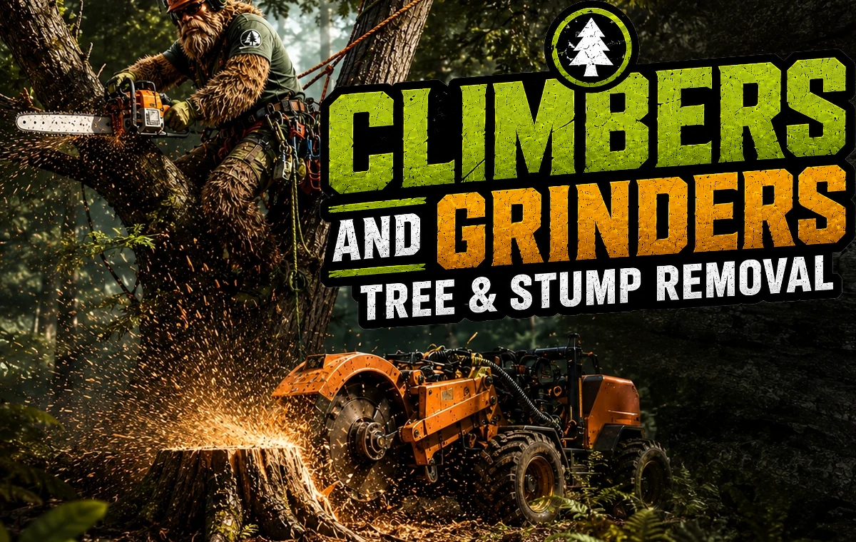 Bigfoot arborist cutting a tree while a stump grinder works below