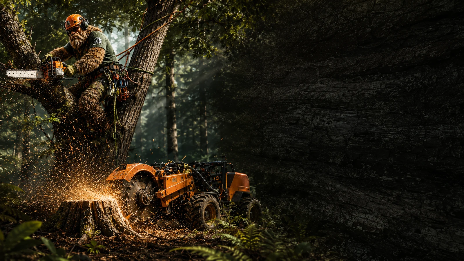 Tree service worker with equipment in the woods